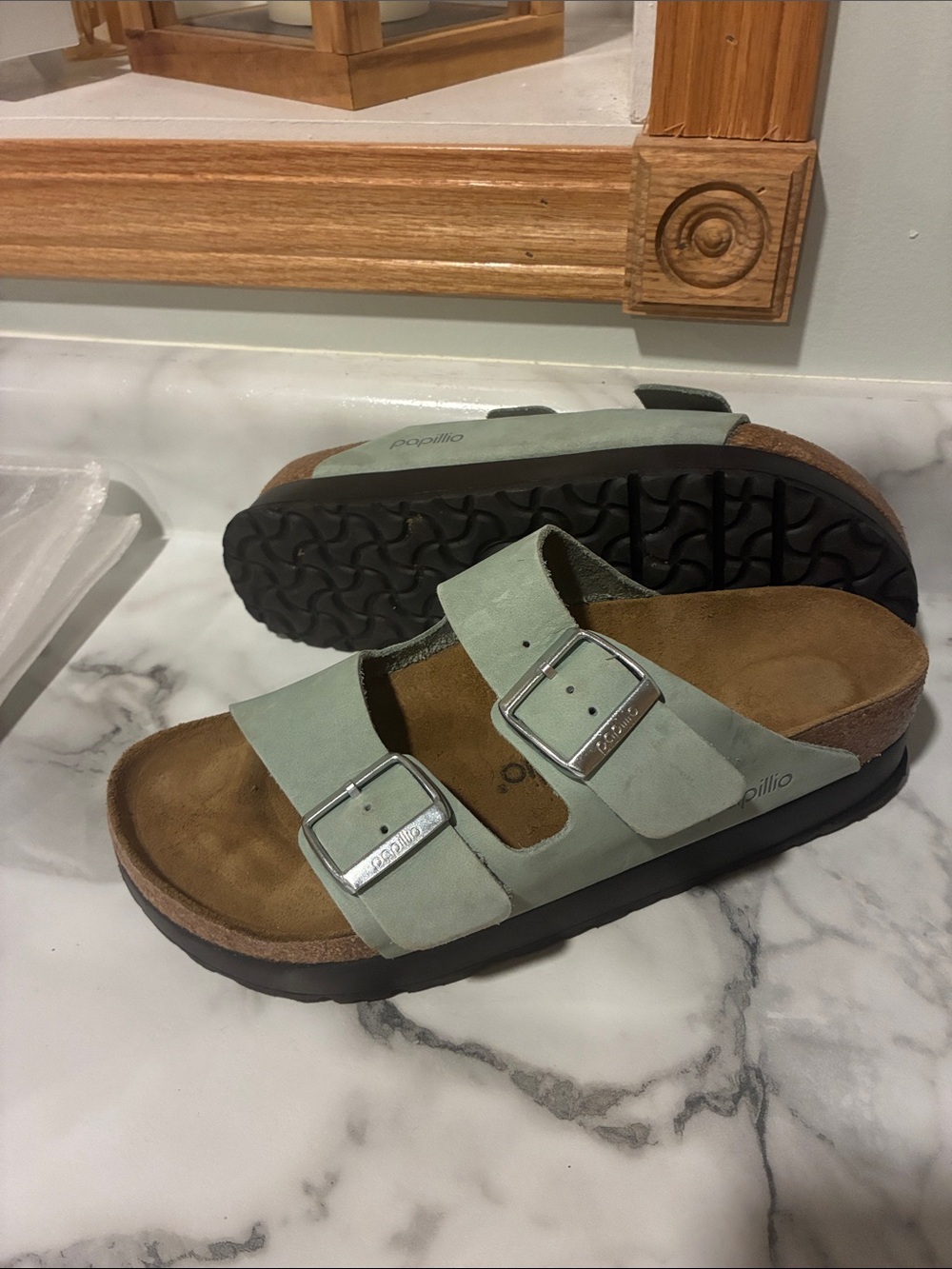 Birkenstock Papillio Green Double Buckle Arizona Platform Slide Sandal - EU40